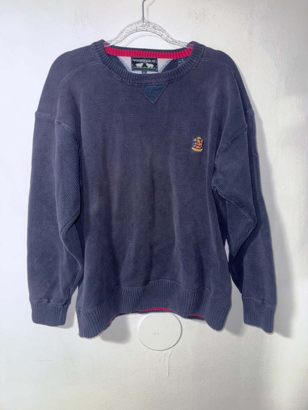 Woods & Gray Vintage Navy Blue Heavy Knit Pullover Crewneck Sweater with Embroid